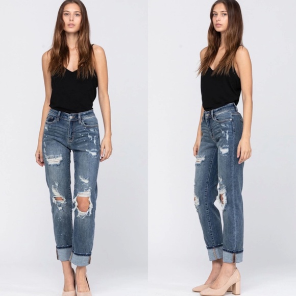 Judy Blue Denim - Judy Blue Dark Bleach Splash Boyfriend Jeans Sz 28